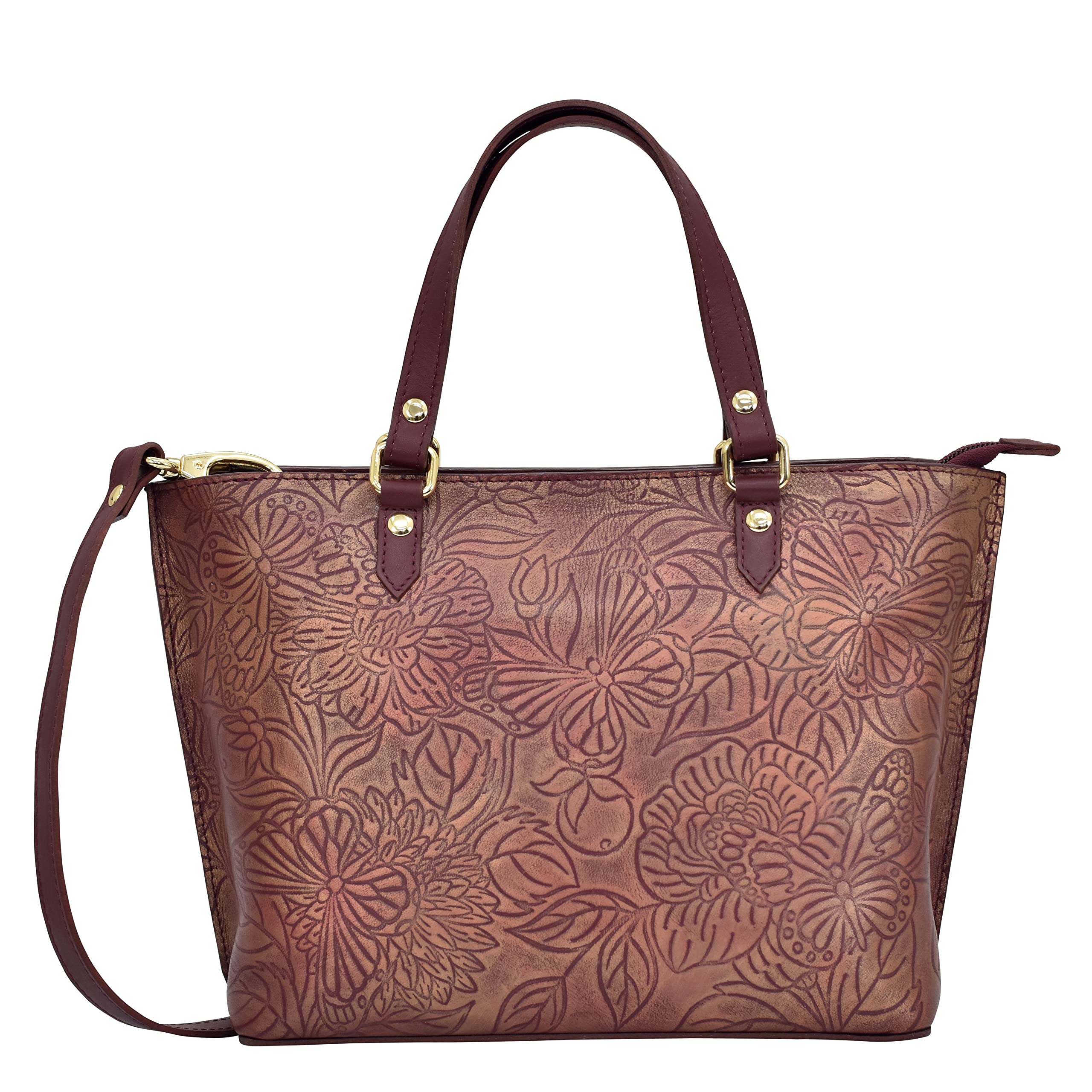 Anuschka Women Original Hand-Painted Leather Medium Tote - Tooled Butterfly Wine