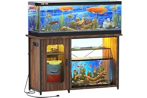 Hyomdeck 55-75 Gallon Fish Tank Stand with Power Outlets & LED Light, Reversible Heavy Duty Metal Aquarium Stand with Cabinet for Fish Tank Accessories Storage, Turtle/Reptile Terrariums,Dark Walnut