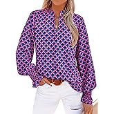 MASCOMODA Womens V Neck Floral Long Sleeve Tops 2026 Summer Casual Loose Puff Sleeve Chiffon Boho Work Blouse Dressy T Shirts
