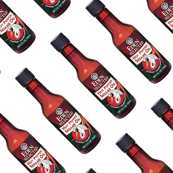 EDEN HOT PEPPER TOASTED SESAME CHILI OIL, UNREFINED EXPELLER PRESSED, 5 OZ AMBER GLASS BOTTLE