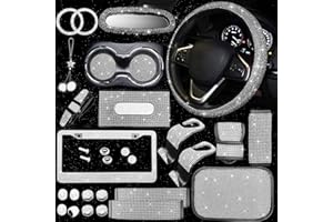 JINGSEN 25PCS Bling Car Parts Set, Car Parts Set Female Plug Universal 15 Inch, Shiny License Plate Frame, Center Console Cover and Rearview Mirror Set and Other Car Accessories(White)