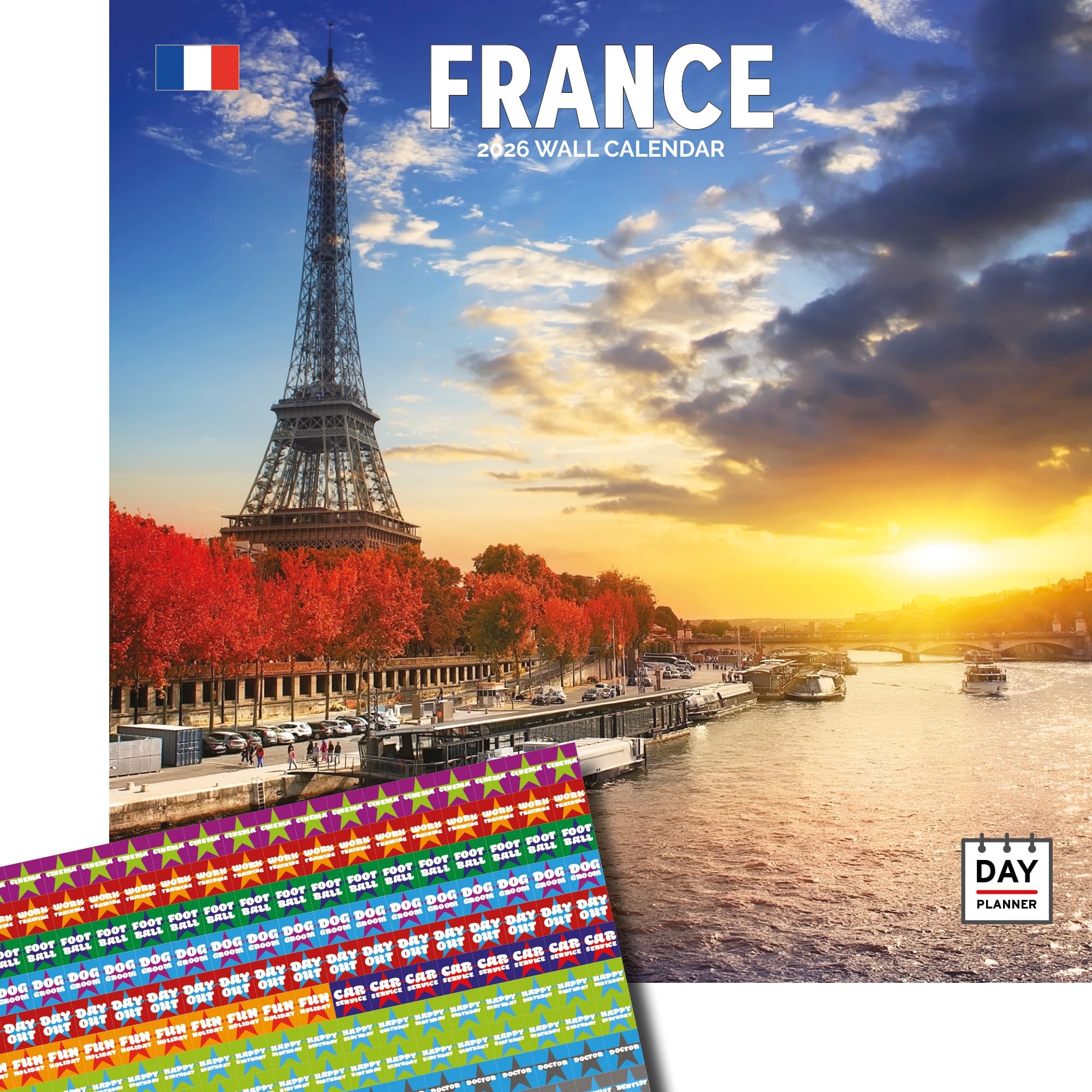 Dayplanner Publishing France Calendar 2026, Large Square Wall Calendar With Organisational Stickers, 16 Month, France Gift Travel Calendar