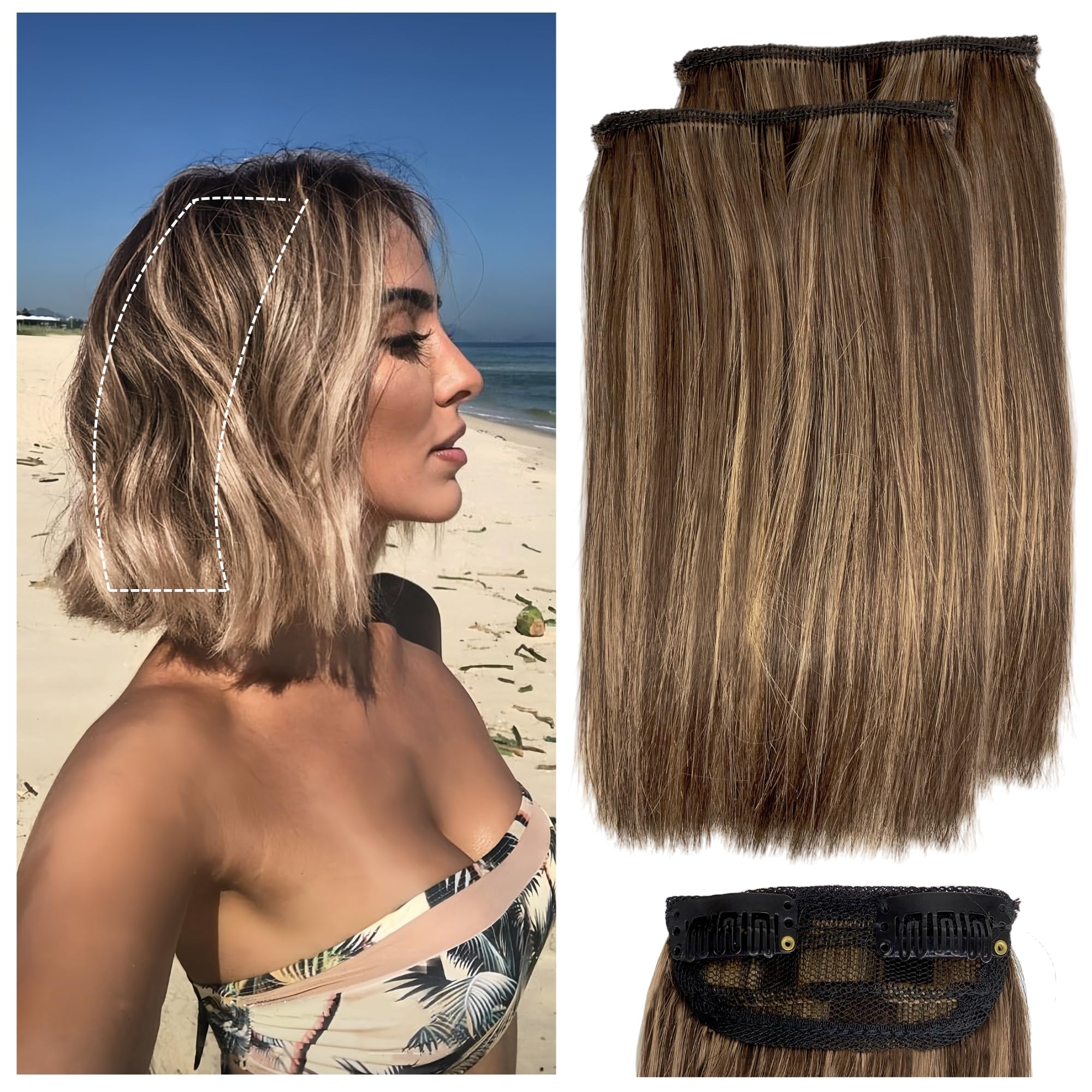 Photo 1 of 2 Pcs Short Hair Extensions, Human Hair Clip in Extensions for Women Adding Volume 6 inch Medium Brown Mixed Honey Blonde