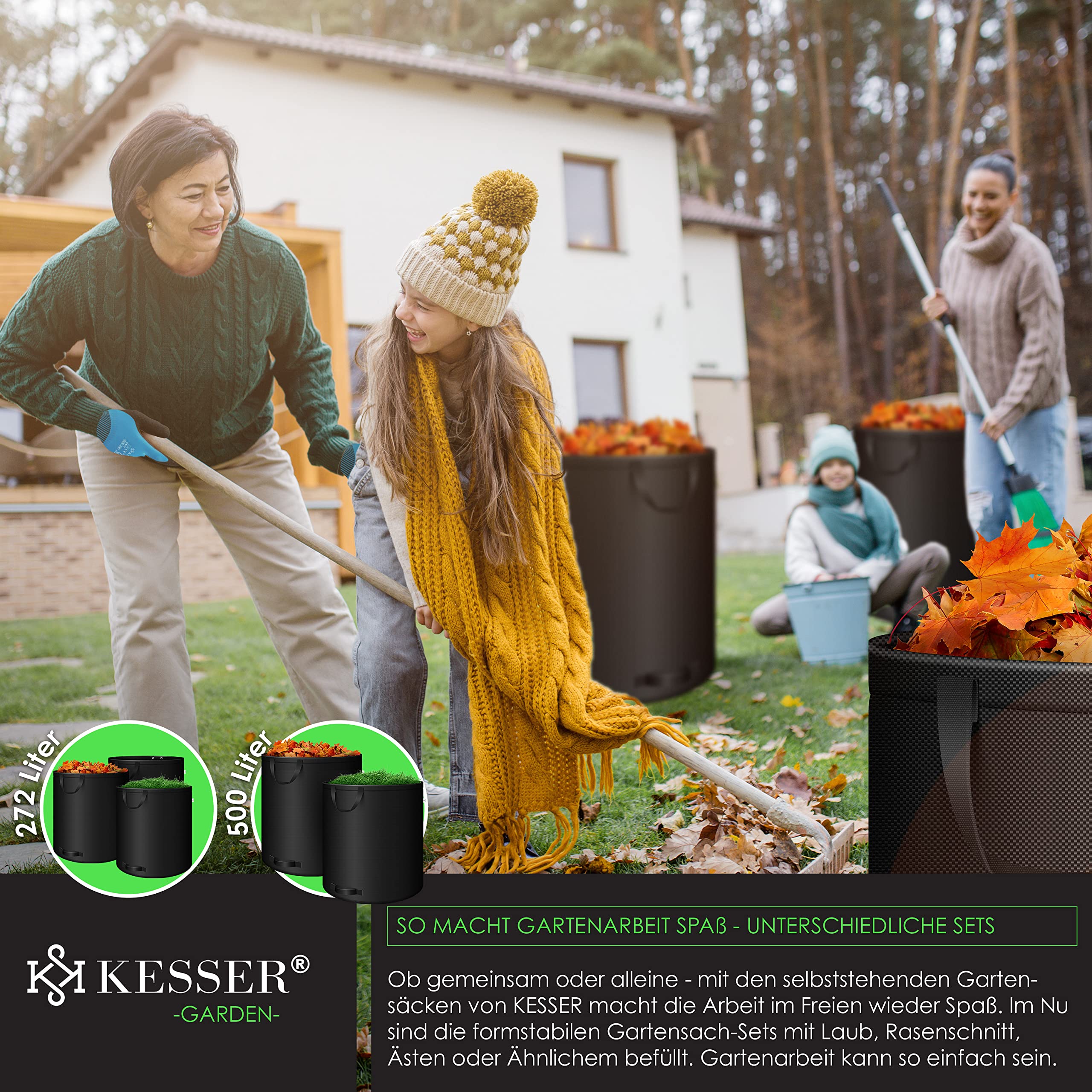 KESSER® Gartensack 3x 272L Set Laubsack Gartenabfallsack inkl. Handschuhe - Selbststehend 4 Griffe Stabil Robust & Faltbar - Laubsäcke Rasenschnitt für Gartenabfälle Grünschnitt Schwarz 6