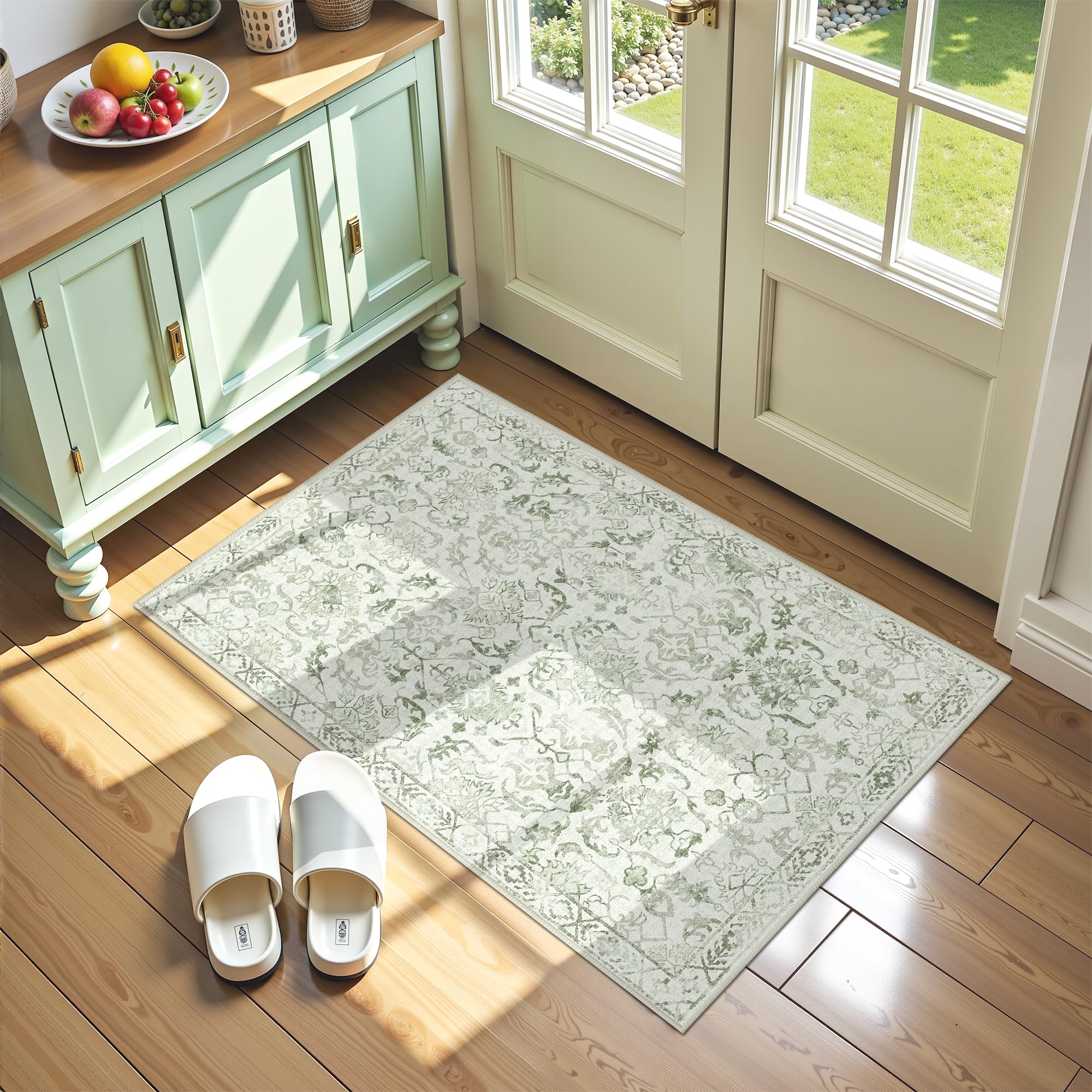 Photo 1 of Sage Small Area Rug 2x3 Throw Rug for Entryway Bathroom Kitchen, Non-Slip Low-Pile Washable Distressed Modern Boho Floor Carpet for Laundry Room, Indoor Washstand Vanity Front Mat 24x36 Inch