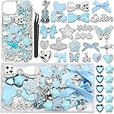 BELICEY Blue Junk Case Charms Kawaii Bow Guitar Charms for Phone Cases Silver Butterfly Rhinestone Junk Case Kit 3D Resin Heart Star Flatback Pearls Customizing DIY Craft
