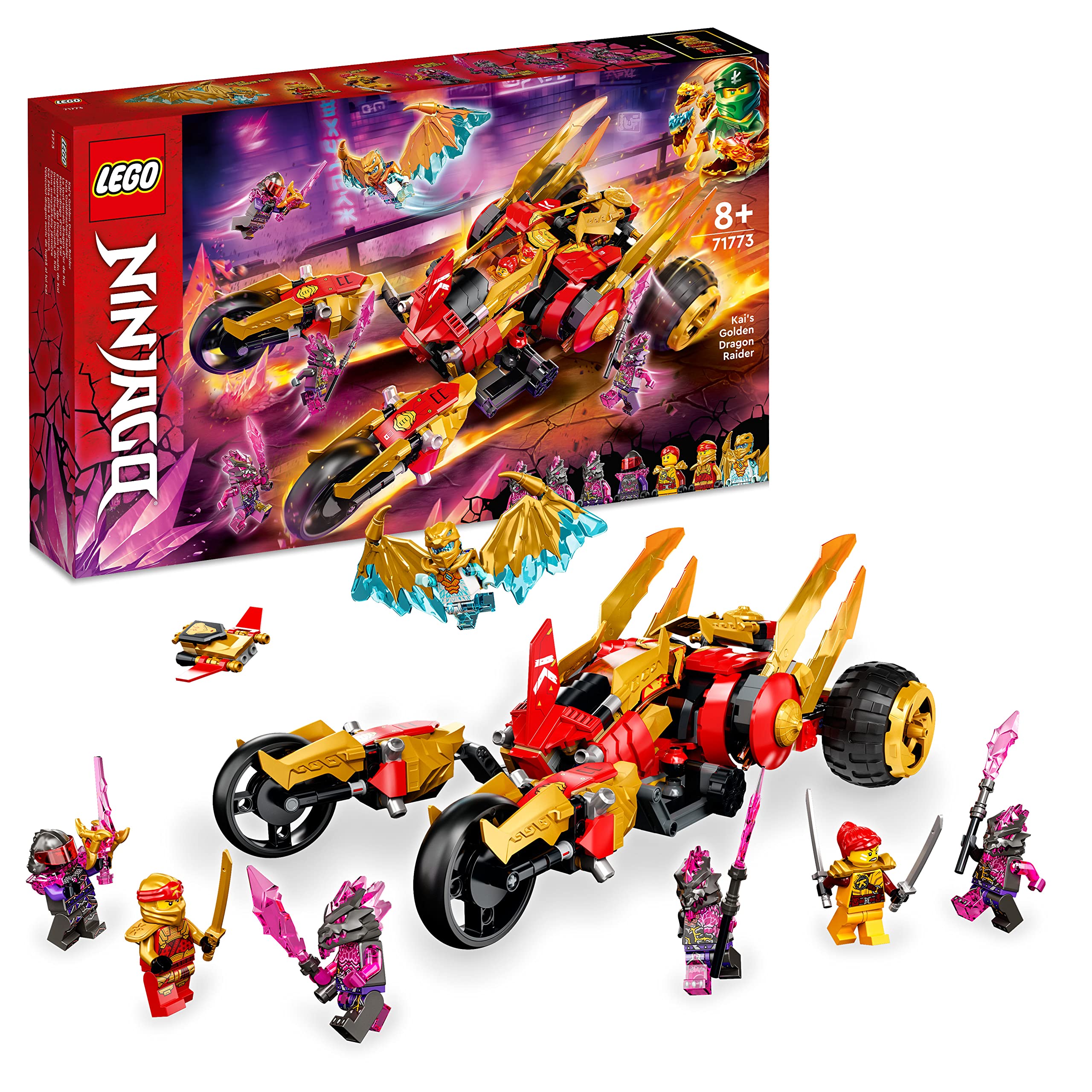 LEGO 71773 NINJAGO Kai’s Golden Dragon Raider, Multi-Terrain, Transforming Car Toy with Kai and Zane Minifigures, Building Set for Kids, Boys & Girls Aged 8 Plus