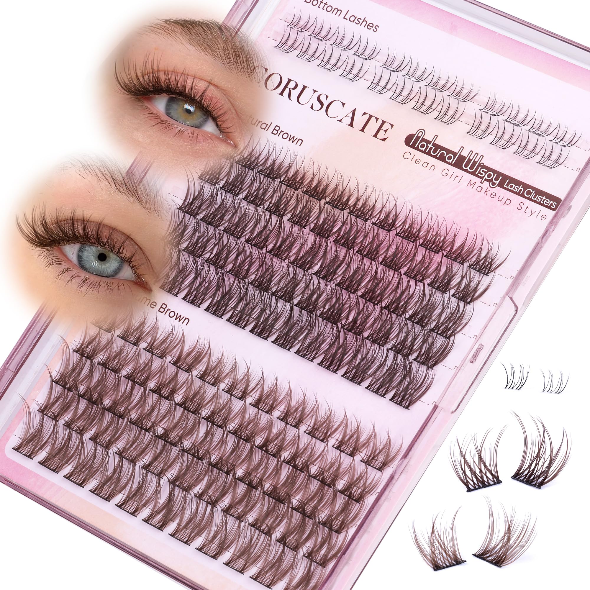 Photo 1 of Brown Lash Clusters with Bottom Lashes Wispy Eyelash Clusters Natural Cluster Eyelash Extensions 10-16mm Individual Lashes C Curve Brown DIY At Home ToastyMakeup by CORUSCATE