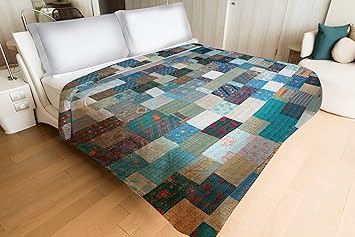 Patola Silk Turquoise Color Bedding Bedspread Coverlet Quilt Bed Cover | Turquoise Theme Silk Patola Kantha Hand Stitch Patchwork Quilt Bed Throw (220 cm x 270 cm) by Handicraft-Palace