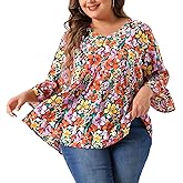 Agnes Orinda Plus Size Floral Blouses for Women V Neck Ruffle 3/4 Sleeve Babydoll Peplum Tops