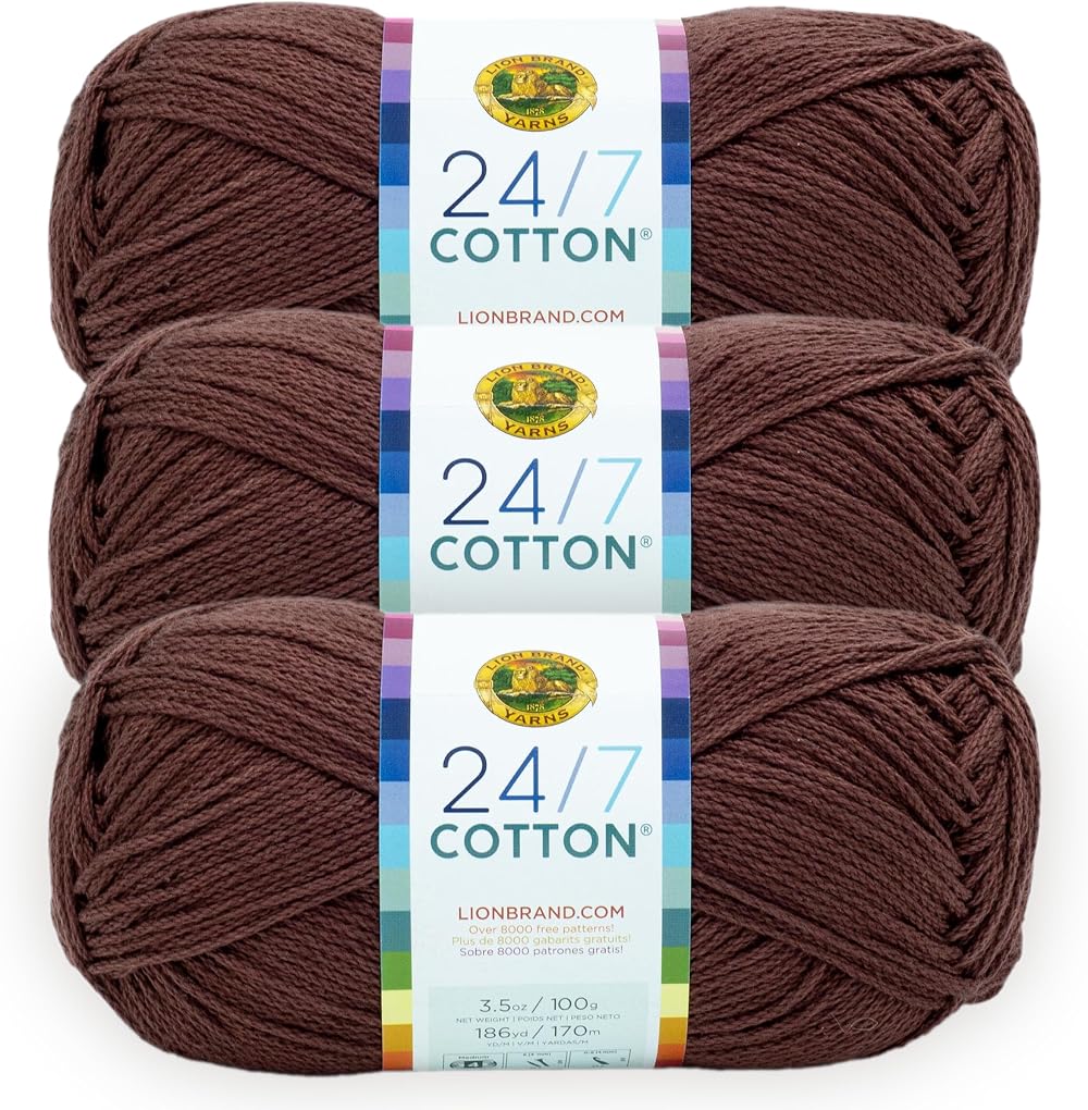 Lion Brand 24/7 Cotton Yarn 3 Pack Dark Brown Coffee Beans 24/7 Cotton