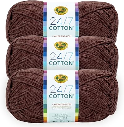 Lion Brand 24/7 Cotton Yarn 3 Pack Dark Brown Coffee Beans 24/7 Cotton