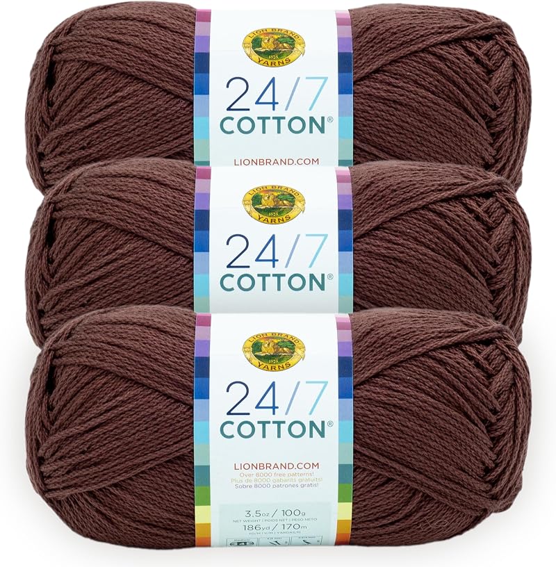 Lion Brand 24/7 Cotton Yarn 3 Pack Dark Brown Coffee Beans 24/7 Cotton