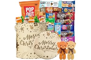 SARAH'S CANDY FACTORY Christmas Gift Set Tin 28 Count, Includes Individually Wrapped Christmas Marshmallow Treats, Cookies, Snacks, Two Teddy Bears, Holiday Party Favors or Gift Basket for Friends Students (Beige Tin)