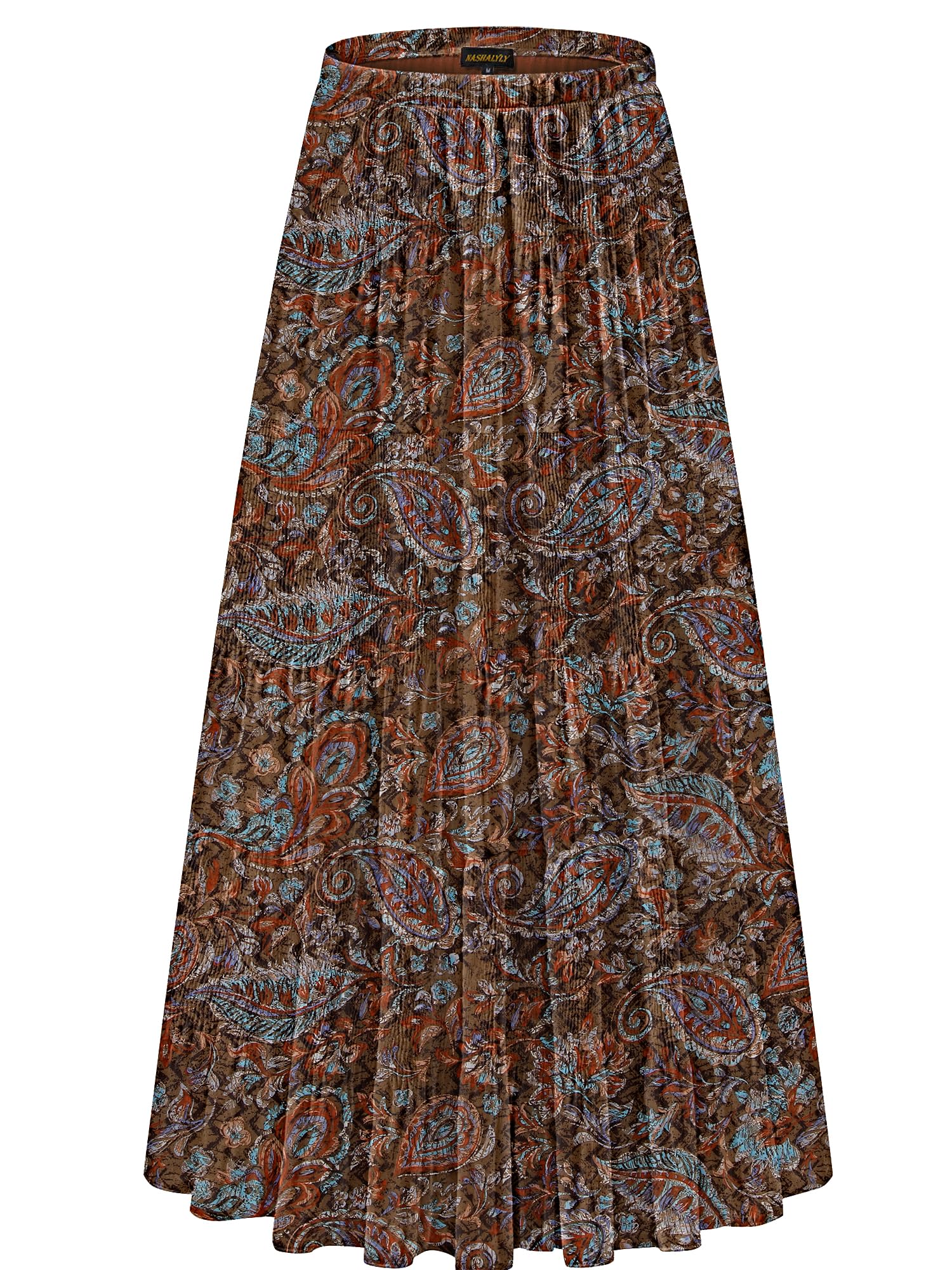 NASHALYLY Women's Chiffon Elastic High Waist Pleated A-Line Flared Maxi Skirts(Brown Red Floral,L) Image