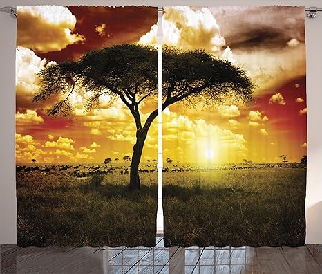 Ambesonne Safari Decor Curtains 2 Panel Set Single Tree At Dreamy African Sunset With Dark Dramatic Clouds On The Sky Art Photo Living Room Bedroom
