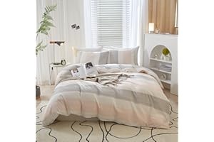 OTOB Aesthetic Striped Bedding Sets Soft Boho Cotton Duvet Cover Set with 2 Pillow Shams Zipper Ties for Boy Girls Adults Pink Grey Bed,Full/Queen