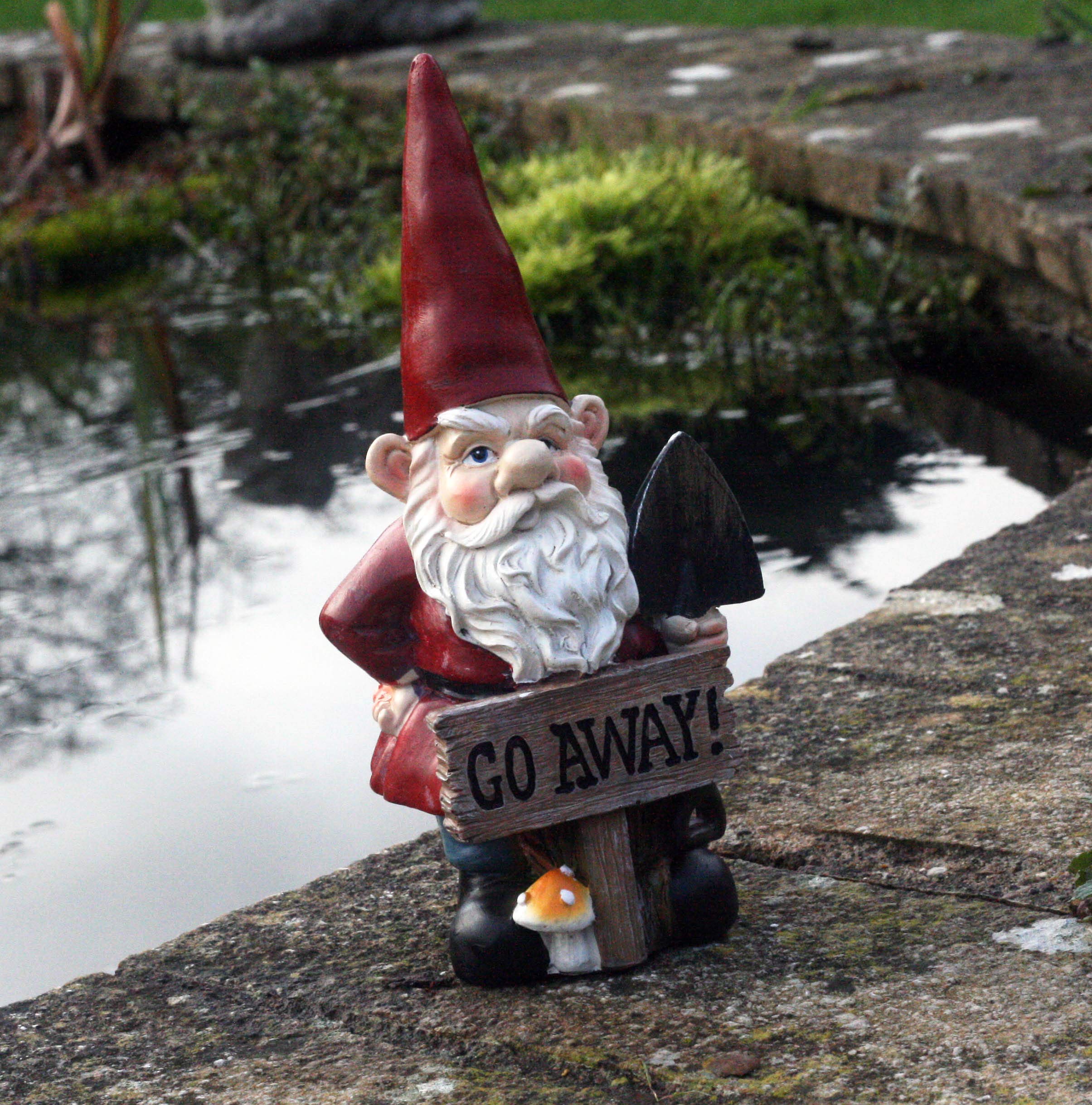 Grumps Traditional Garden Gnome with Red Hat Holding Sign Saying "Go Away!". 20 cm tall