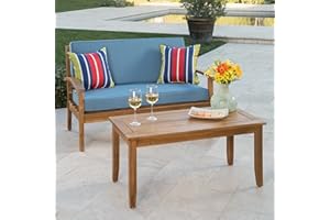 Christopher Knight Home Peyton Outdoor Acacia Wood Loveseat and Coffee Table Set with Water Resistant Cushions, Teak Finish / Blue