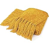Pavilia Mustard Yellow Chenille Blanket for Twin Size Bed, Soft Gold Knit with Tassel Fringe, Woven Chenille Decorative Blanket for Sofa Couch Living Room Decor Gift, Twin 60x80