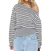 KIGRAD Women Y2k Vintage Striped One Off Shoulder Asymmetrical Sweater Tops Oversized Long Sleeve Pullover Fall Outfits