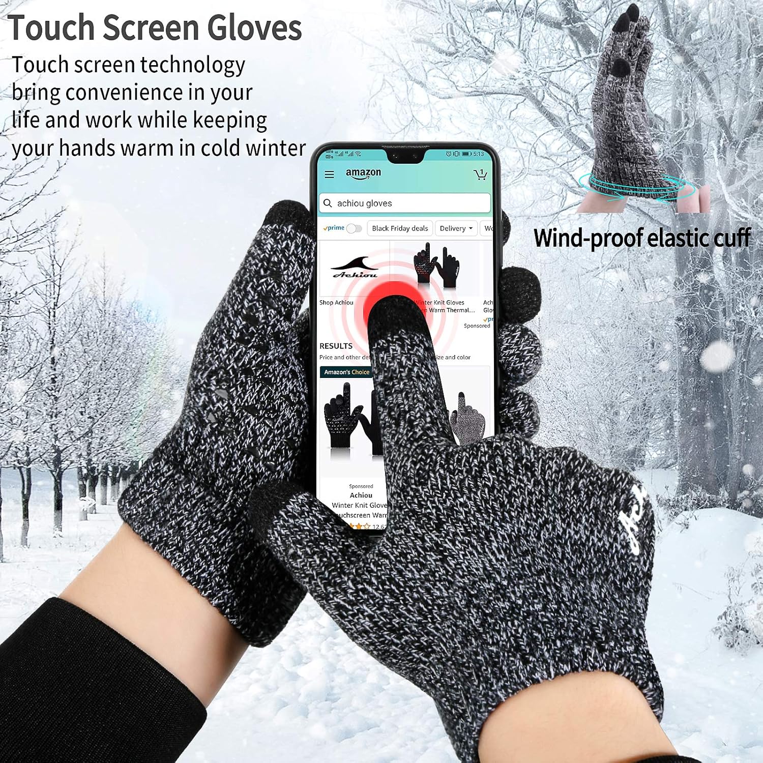 Achiou Winter Knit Gloves Thicken Warm Touchscreen Thermal Soft Lining Texting Generation Ⅱ Upgraded : Clothing
