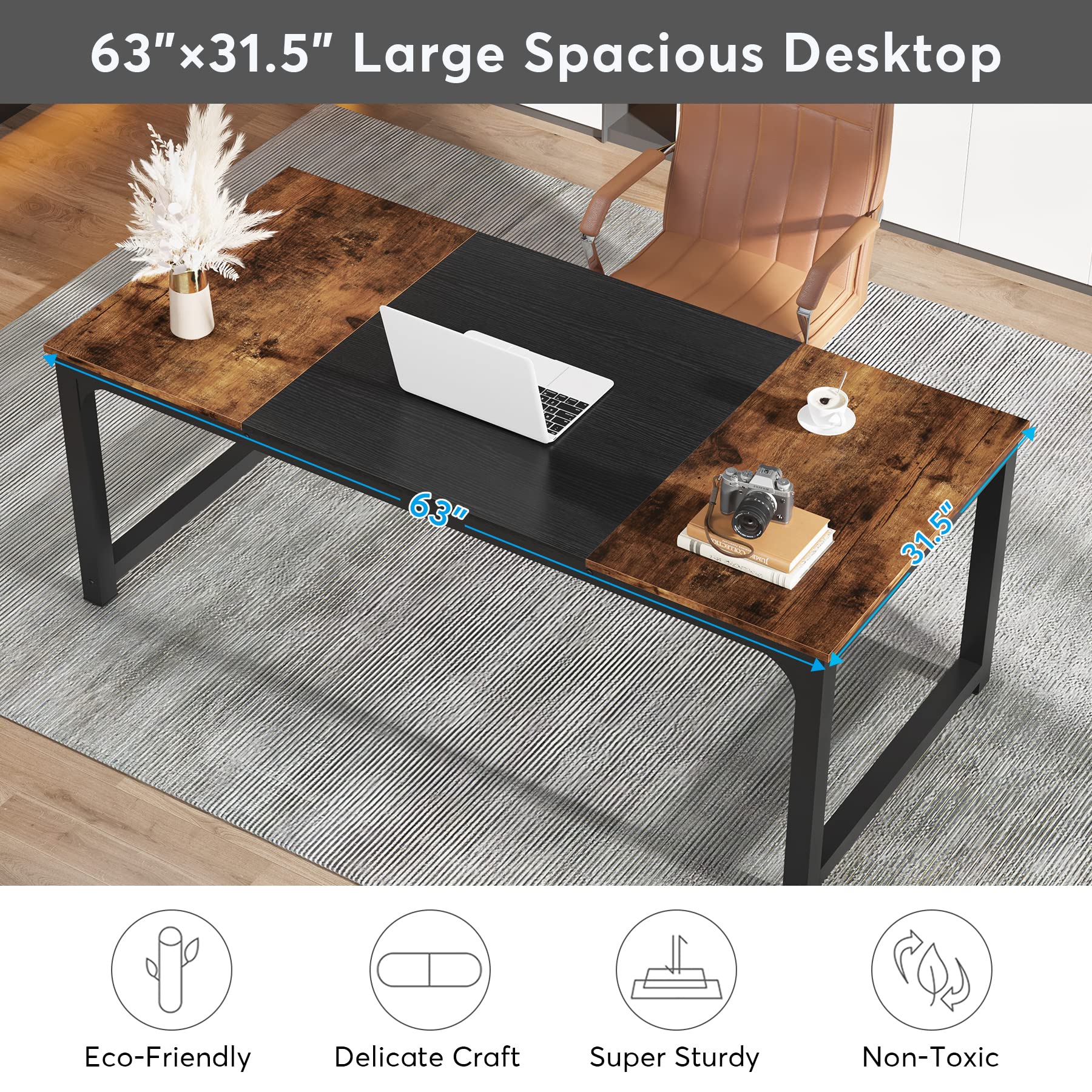 Tribesigns Modern Computer Desk, 63 x 31.5 inch Large Office Desk Computer Table Study Writing Desk Workstation for Home Office, Vintage Black Metal Frame