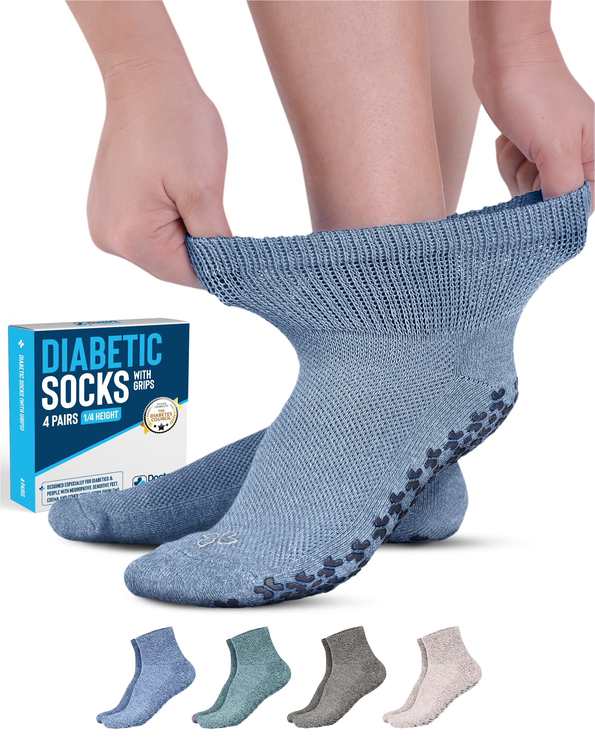 Photo 1 of Diabetic Ankle Socks with Grips - 4 Pair | Green, Gray, Blue, Tan | Neuropathy & Slipper Socks for Women & Men