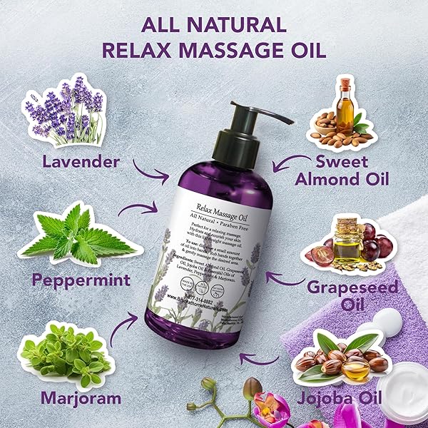 RELAX THERAPEUTIC BODY MASSAGE OIL – WITH BEST ESSENTIAL OILS FOR SORE MUSCLES & STIFFNESS – LAVENDER, PEPPERMINT & MARJORAM – ALL NATURAL – WITH SWEET ALMOND, GRAPESEED & JOJOBA OIL 8OZ