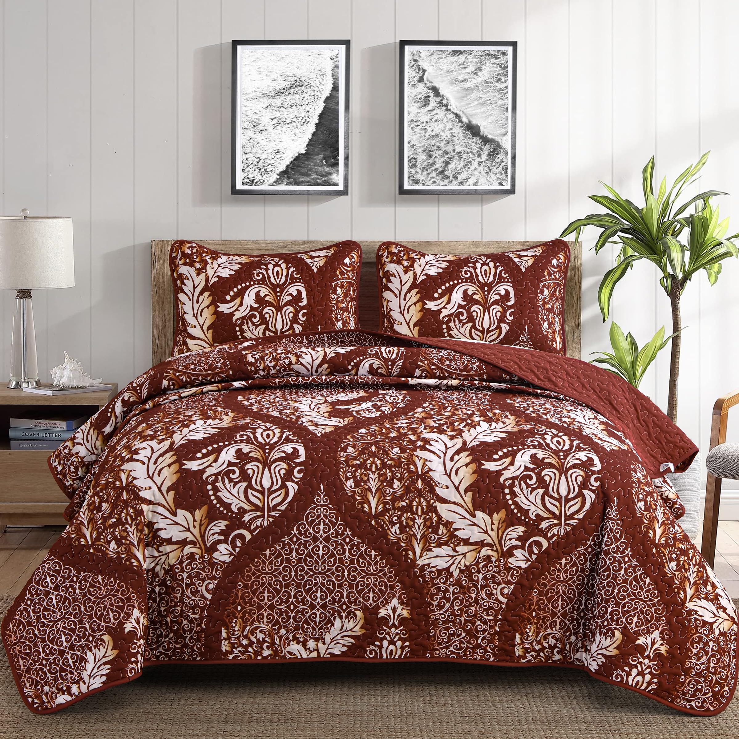 Photo 1 of Burgundy Quilt Set King Size, Boho Red Gold Damask Bedspread Coverlet Set Soft Lightweight Microfiber Luxury Bedding Set 3 Pieces for All Season (104"x90")