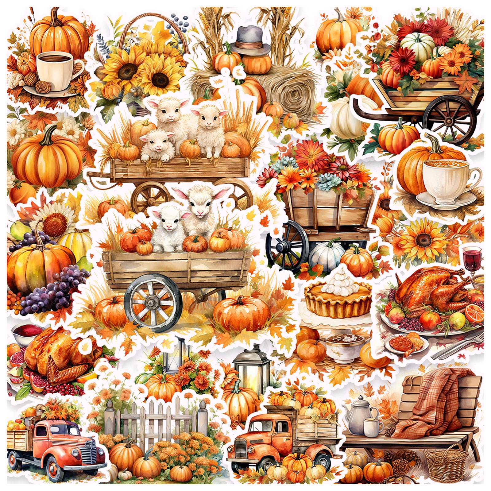 Photo 1 of 100 Pcs Thanksgiving Fall Stickers, Yellow Autumn Pumpkin Stickers for Teens Adults, Cottagecore Sticker Farm Sticker for Water Bottles Scrapbook Junk Journal Collage