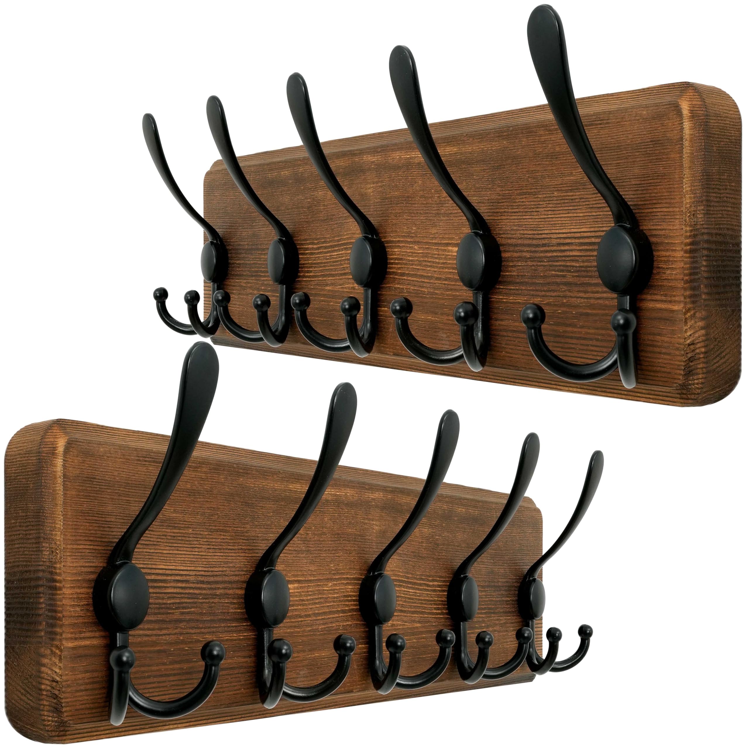 WEBI Coat Rack Wall Mount,Wood Coat Hooks Wall Mounted,16" Hole to Hole,Coat Hanger Wall,Hook Rack Rail,5 Triple Hooks for Hanging Coats,Hats,Jacket,Clothes,Rustic Brown,2 Packs
