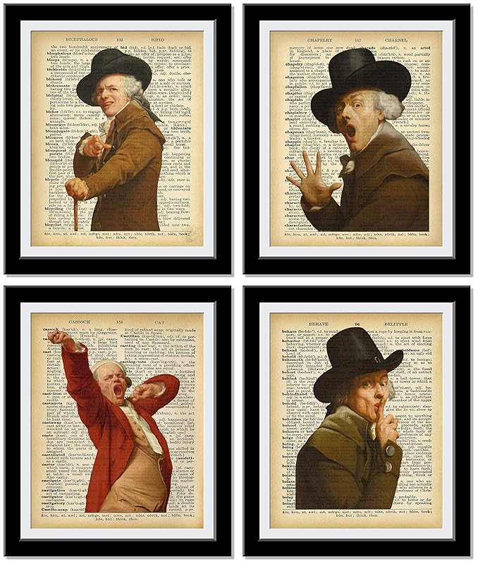 Joseph Ducreux Self-Portraits (ca. 1790) - Set of 4 Dictionary Wall Art Prints - Silence, Surprise, Shock, Boredom, Yawn - Decorate Home Office Kids Bedroom - Unique Vintage Paintings - UnFramed…