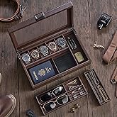 ProCase Men's Jewelry Box, 5-Slot Wood Watch Display Case Jewellry Storage Organizer for Sunglasses Rings Accessories with Hidden Compartment, Watch Holder with Glass Lid, Gift for Men -Espresso