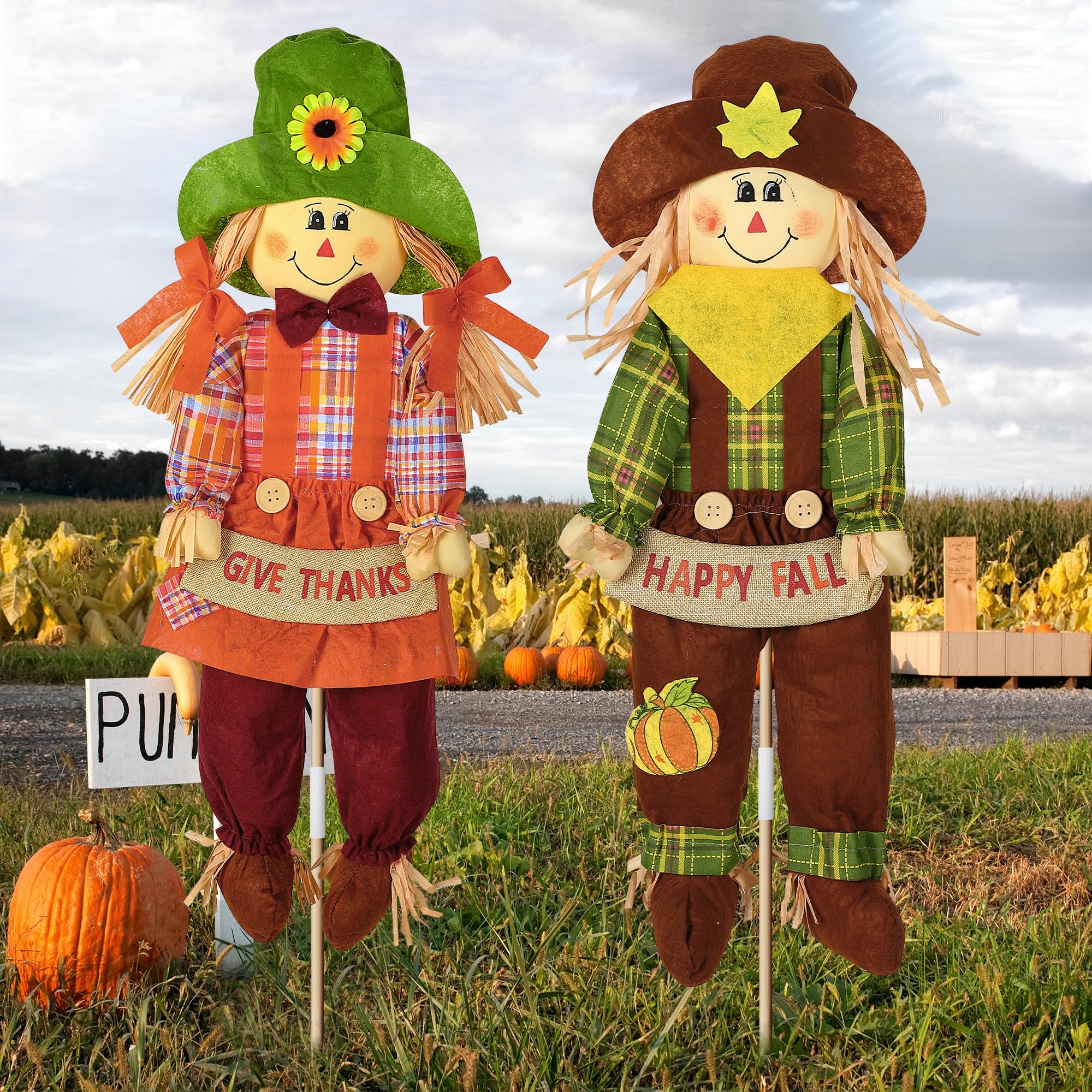 Photo 1 of Meonum 2 Pack Fall Harvest Scarecrow Decorations, Thanksgiving Standing Scarecrow for Autumn with Stakes, Rustic Outdoor Fall Yard Decoration for Home, Garden, Yard, Lawn, Porch Sign (70cm,Plaid)