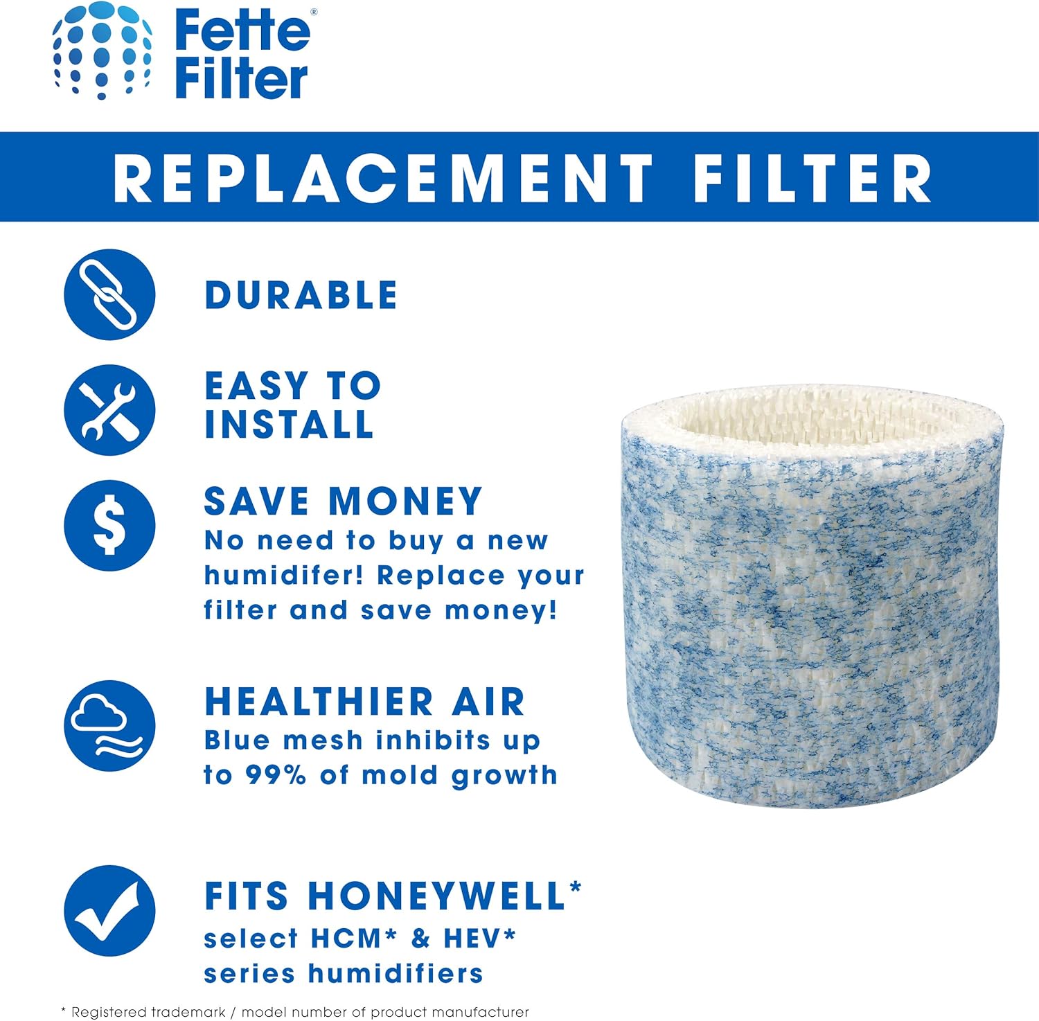 Fette Filter - Upgraded Blue Mesh Treated Layer Humidifier Wicking Filters Compatible with Honeywell HAC-504AW, Filter A for Models HAC-504, HAC-504AW, HCM 350 and Other Cool Mist Models (Pack of 6): Kitchen & Dining