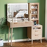 Fkhouse Fluted Makeup Vanity Desk with Mirror and Lights, 5 Drawers Glass Top Makeup Vanity with 4 Storage and 9-Grid Organiz