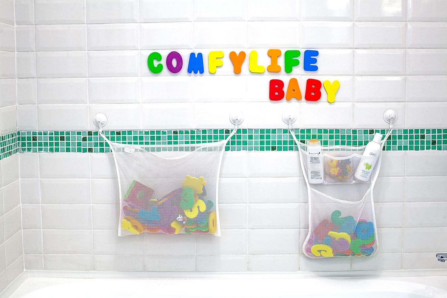 Comfylife 2 x Mesh Bath Toy Organizer + 6 Ultra Strong Hooks + 36 Bath Letters & Numbers – Eco-Safe, Fun, Educational Foam Baby Bath Letters and Perfect Toy Storage Net for Baby Bath Toys & More: Home & Kitchen