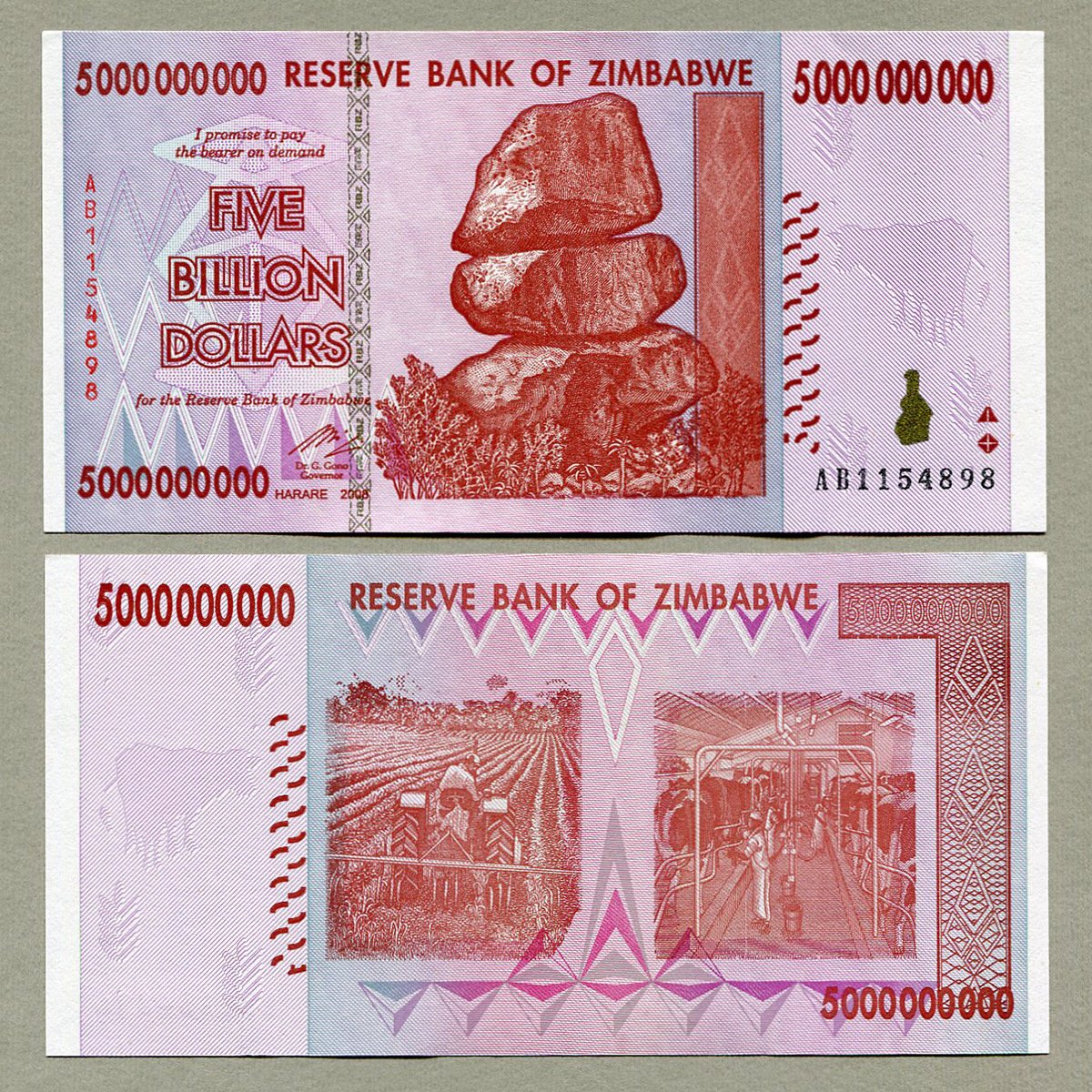 RBZ Collectibles Zimbabwe 5 Billion Dollars banknote AB/AA 2008 P84 UNC currency bill