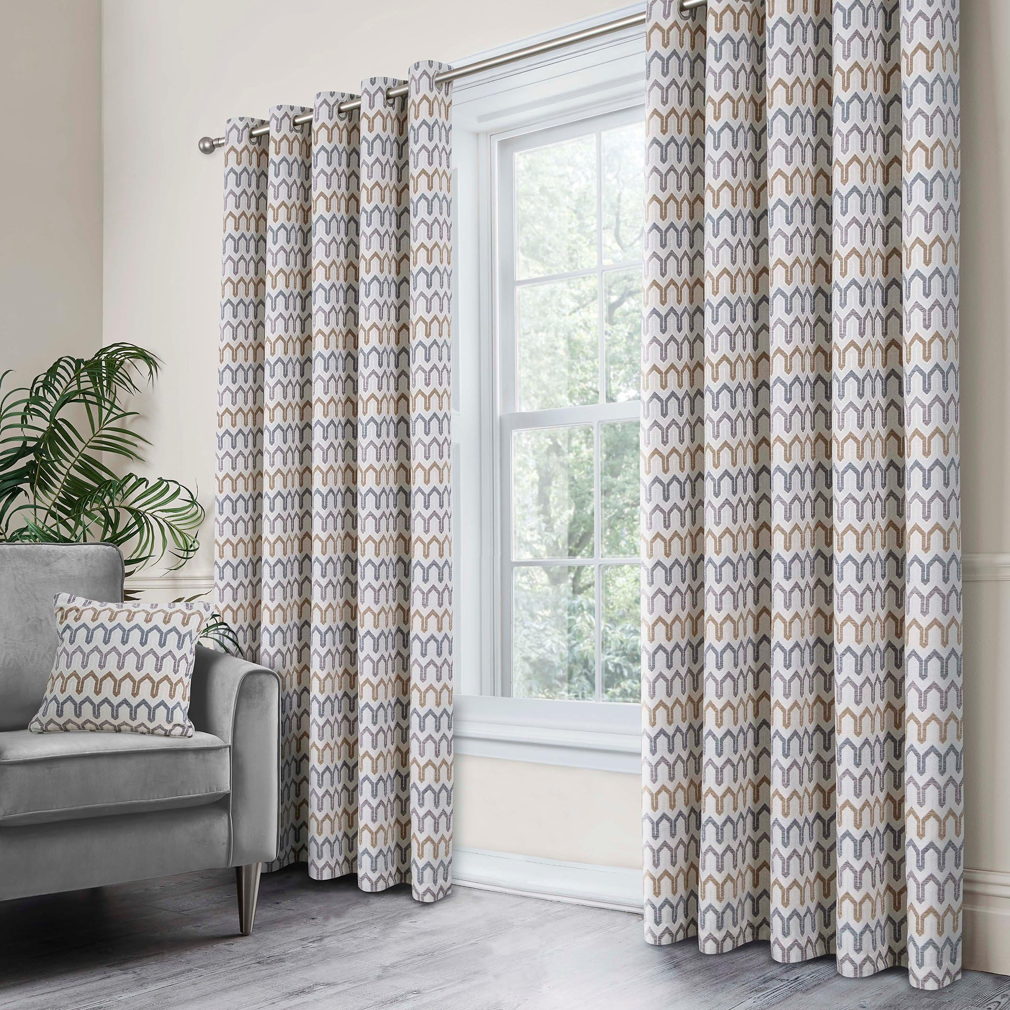Curtina - Grey Woven Curtains W66 x L72 (168 x 183cm) - Geometric Eyelet Curtains in Grey/Natural Tones - Chenille Pattern Drapes for Living Room/Bedroom - Door Curtain - Arcadia Collection