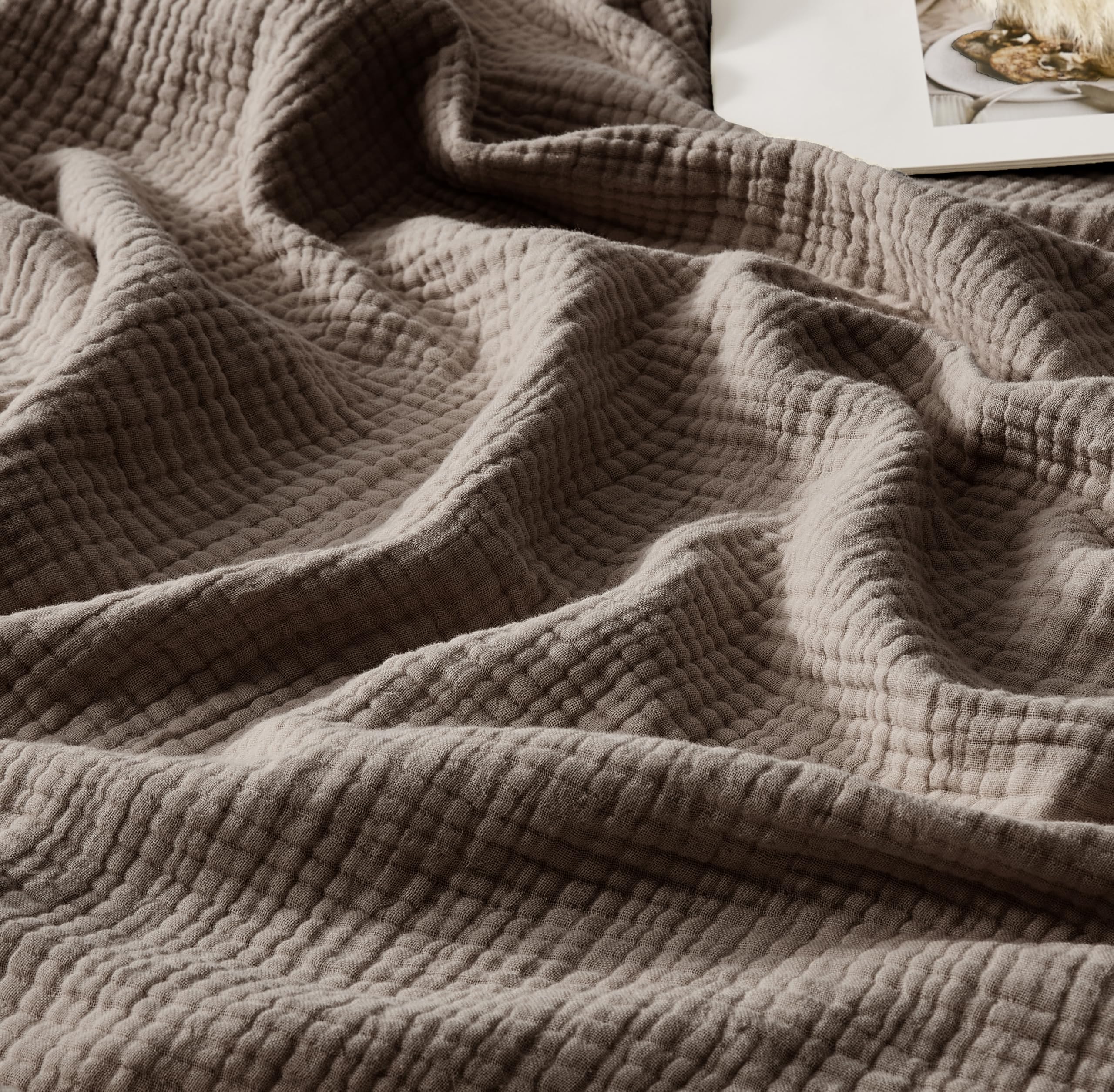 WDCOZY 100% Cotton Muslin Blanket King Size 4-Layer for Bed Breathable Lightweight Soft Large Boho Farmhouse Linen Tassels Ruffle Gauze Blankets 108x90 Inches Brown Mocha Chocolate Coffee Taupe