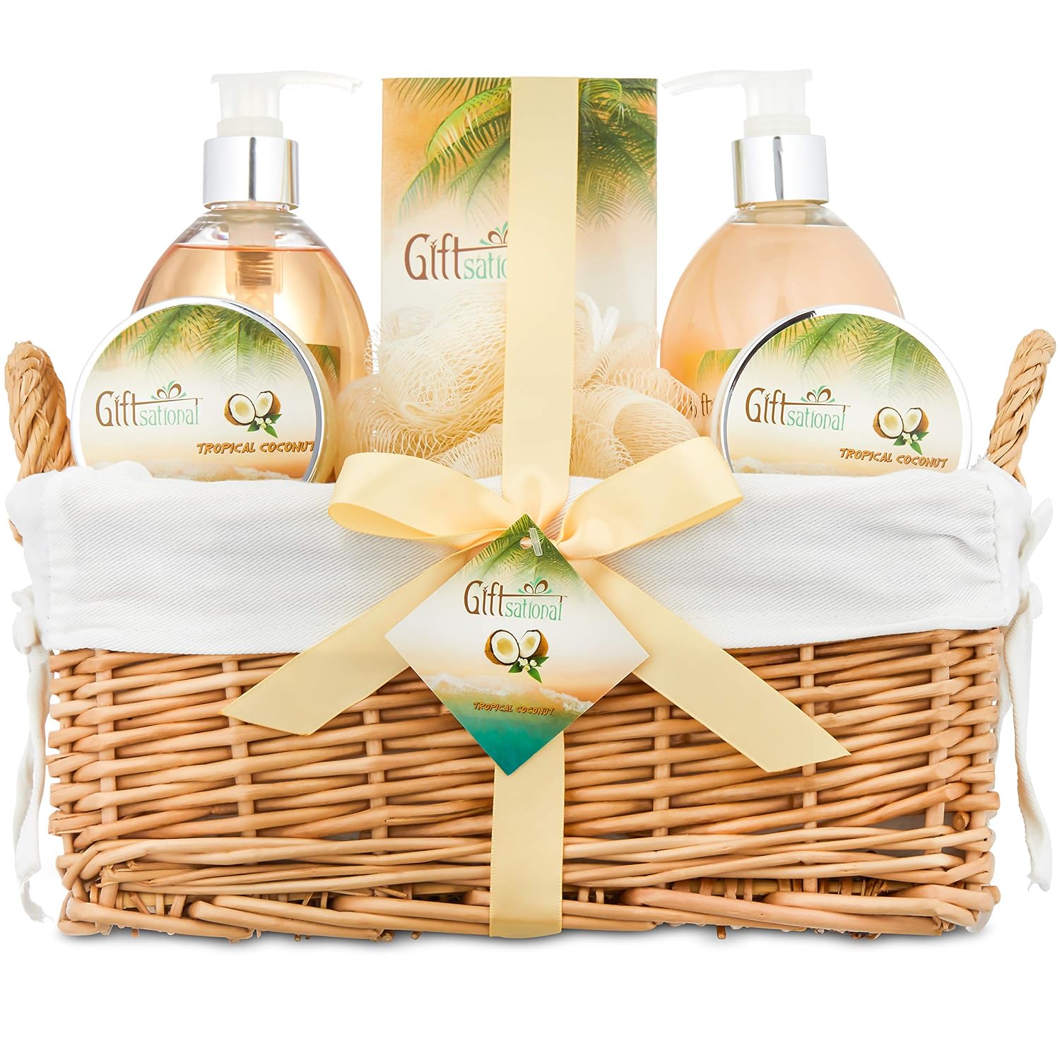 Spa Gift Basket with Tropical Coconut Fragrance in Large Willow Basket, Best Mother