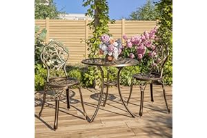 BELLEZE 3 Piece Bistro Set, Aluminum Bistro Table Set Outdoor Bistro Set, Weather-Resistant Garden Table and Chairs Wrought Iron Patio Furniture for Balcony Backyard, Leaf Design - Bronze