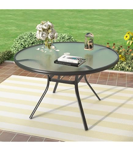 Anmutig 40 Inch Round Glass Patio Table with Umbrella Hole, Black Frame