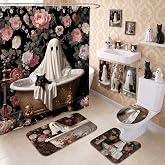 Tingjoo 7 Pcs Halloween Ghost Cat Shower Curtain Sets Gothic Bathroom Decor | Halloween Bathroom Decor Set, Shower Curtain with 12 Hooks, Non-slip Rug, U-shaped Mat, Toilet Lid Cover and 3 Towels