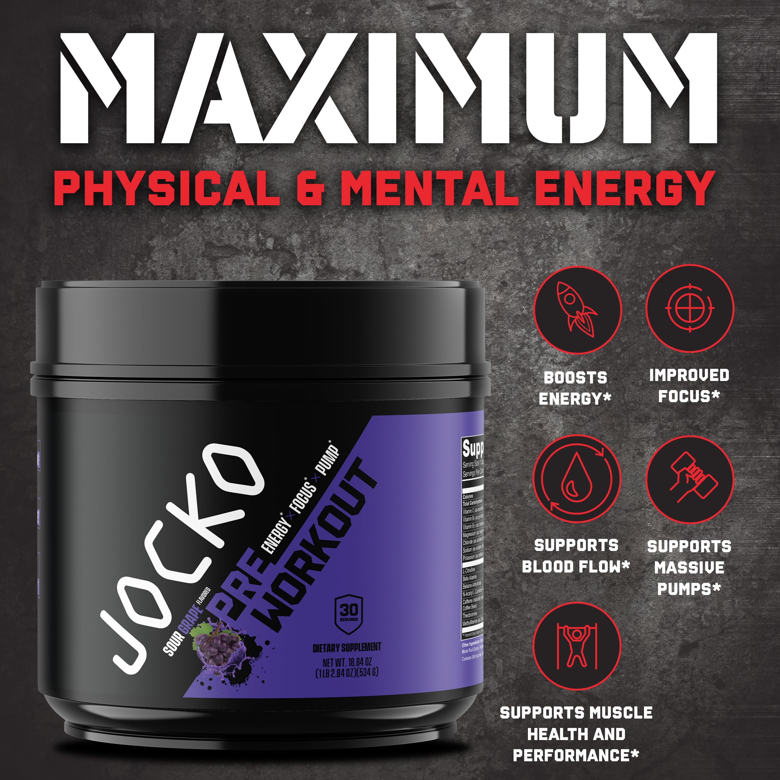 JOCKO FUEL Ultimate Pre Workout Powder - Pre-Workout Energy Powder Drink for Men & Women - High Stim Sugar-Free Nootropic Blend to Support Muscle Pump, Energy, & Recovery 200mg Caffeine Sour Grape