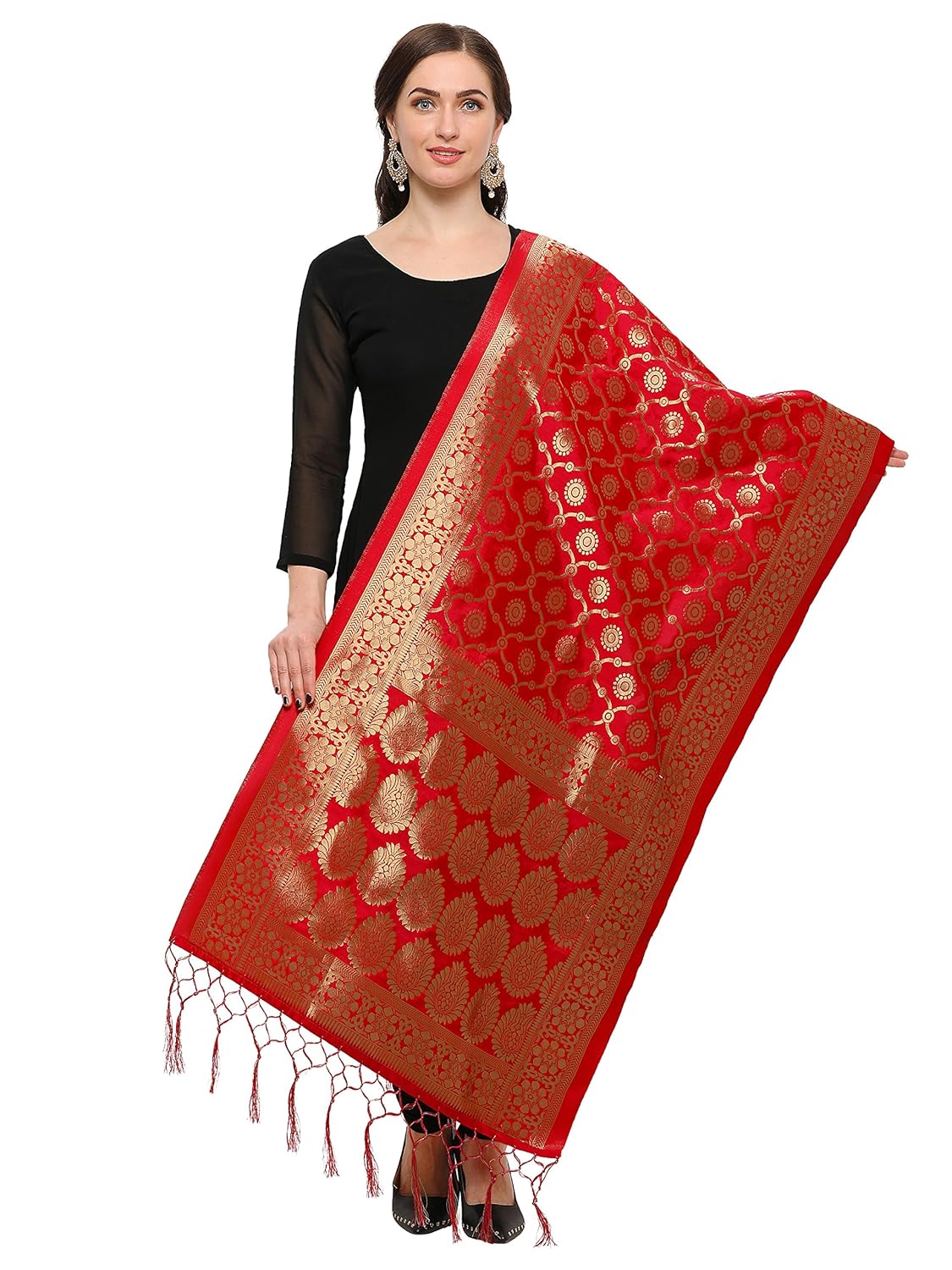 kimisha women's banarsi silk dupatta with tassels (kdup03red, red,free size)