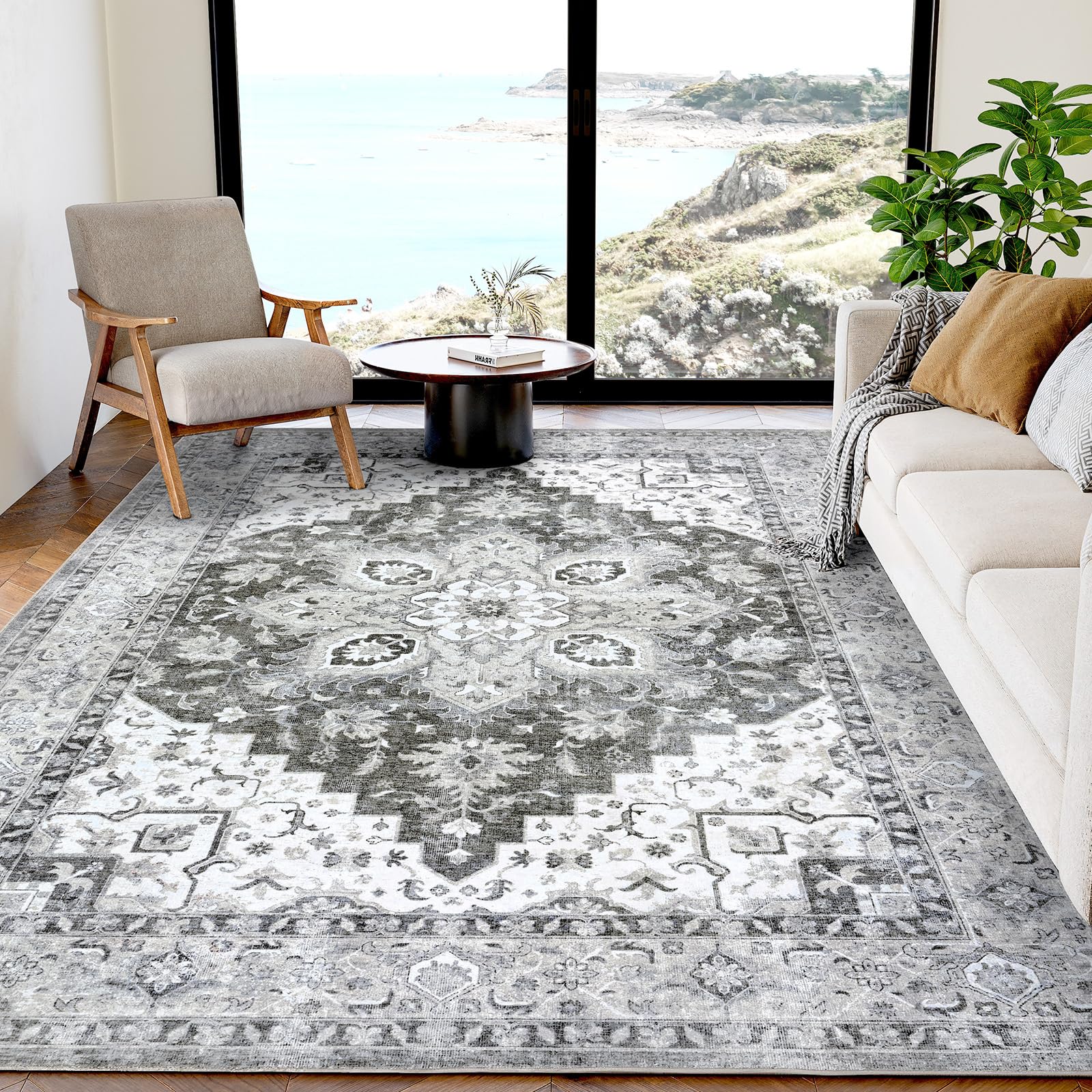 AMADA HOMEFURNISHING 5x7 Area Rugs, Washable Living Room Rug Low-Profile with Non-Slip Backing & Durable Edge Binding, Vintage 5x7 Rugs for Living Room, Bedroom, Dinning Room Image