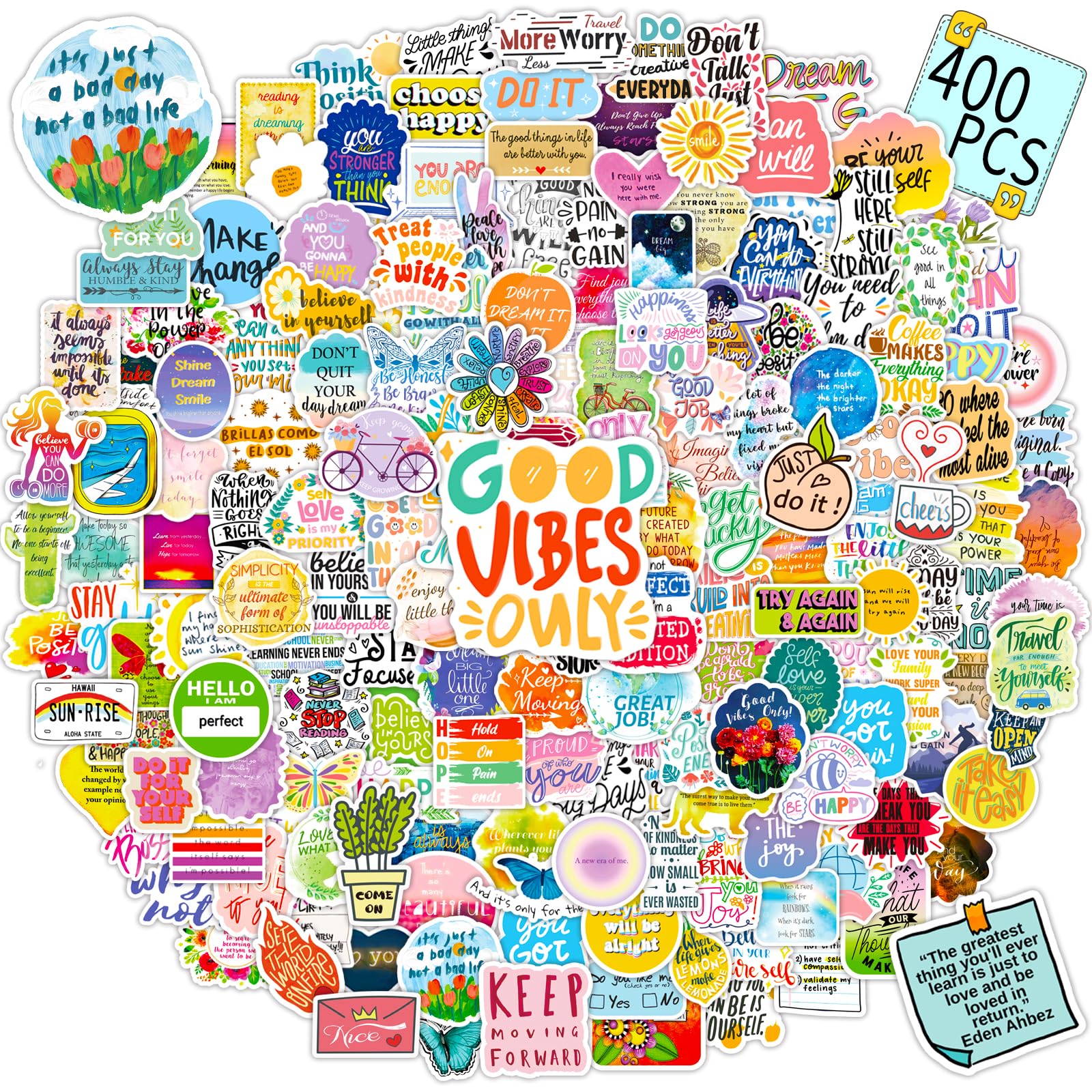 Inspirational Stickers 400 PCS - Motivational Vinyl for Laptops, Water Bottles, Journaling, Scrapbook - Positive Quotes for Adults and Kids, WM017