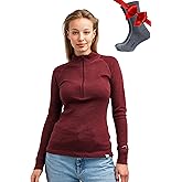 Merino Wool Base Layer Women - 100% Merino Half Zip Sweater Women Lite, Midweight, Heavyweight Thermal Shirts and Socks